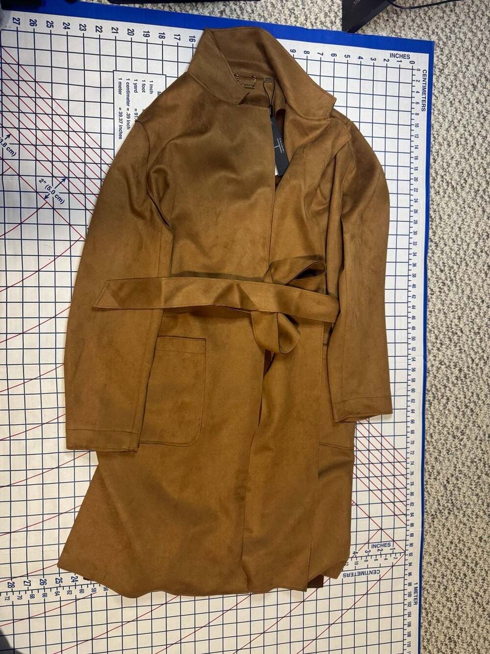 T Tahari Women's Suede Faux Leather Belted Long Trench Coat Saddle Brown Size S